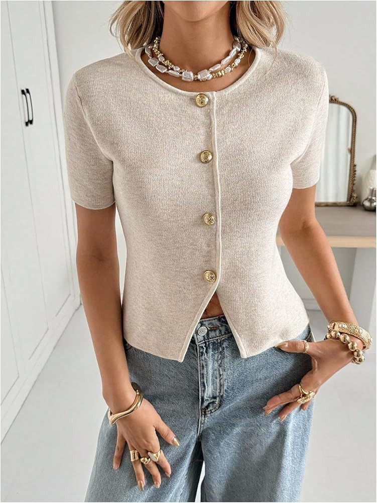 SOLY HUX Women's Button Down Short Sleeve Cardigan Business Casual Fitted Knit Sweater Tops | Amazon (US)