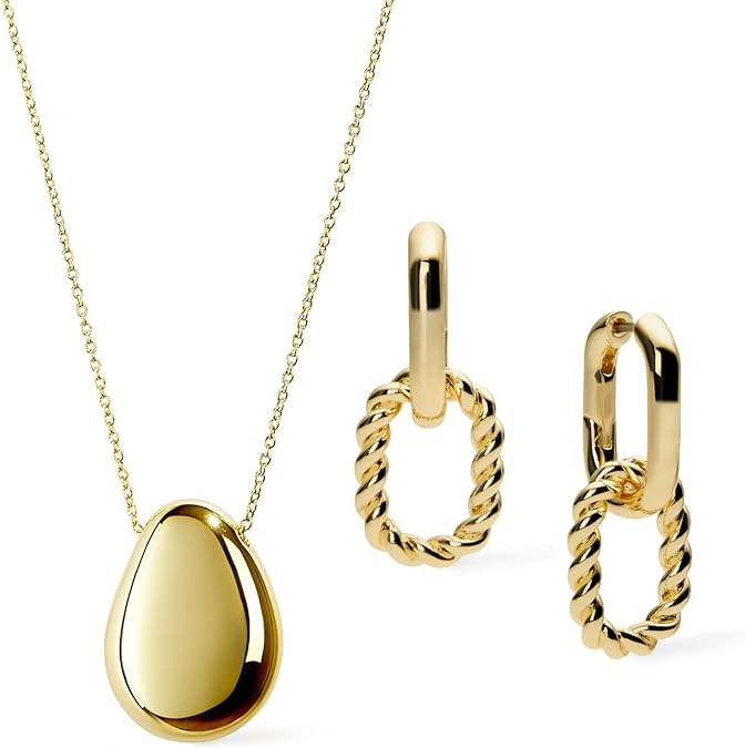 Ana Luisa Earring and Necklace Set for Women - 14K Gold Plated Ash Double Hoop Earrings and Pebbl... | Amazon (US)