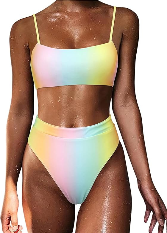 MOSHENGQI Women High Wasited Bikini Shoulder Strap 2 Piece High Cut String Swimsuits | Amazon (US)