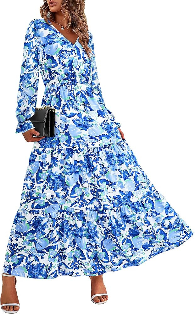 BTFBM Women Fall Dresses 2025 Casual Long Sleeve V Neck Maxi Dresses Floral Boho Long Dress Weddi... | Amazon (US)