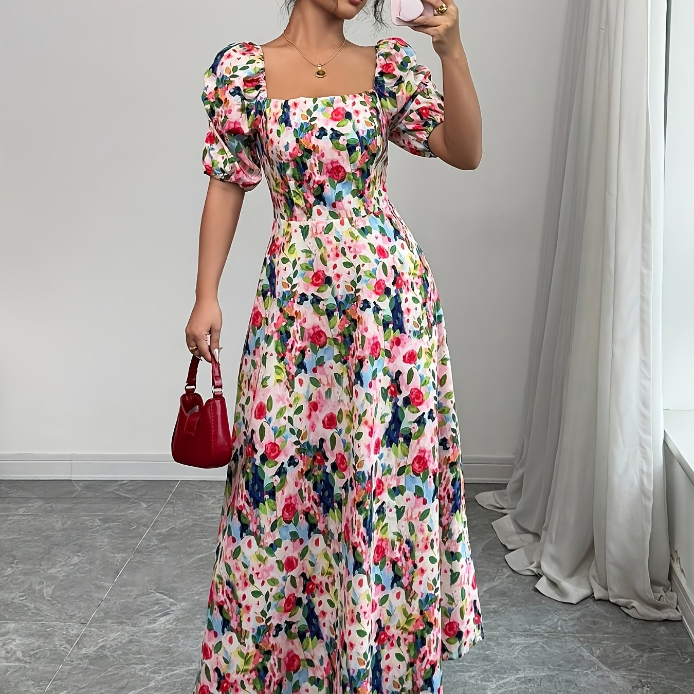 women's floral print maxi dress short sleeves square - Temu Canada | Temu Affiliate Program