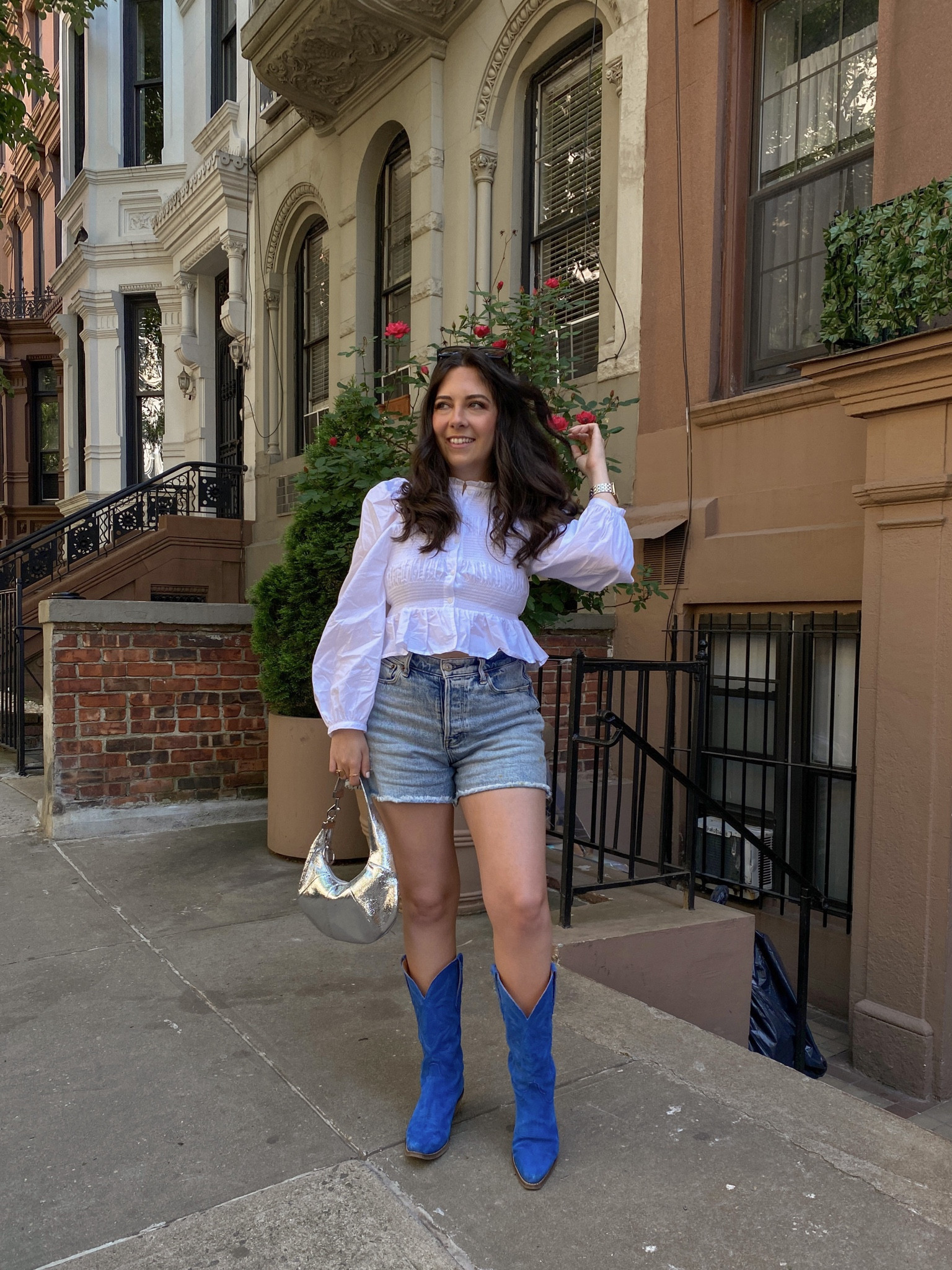 White poplin Zara top and electric blue cowboy boots for summer! Also wearing my go-to dad shorts 

#LTKstyletip #LTKunder100 #LTKSeasonal