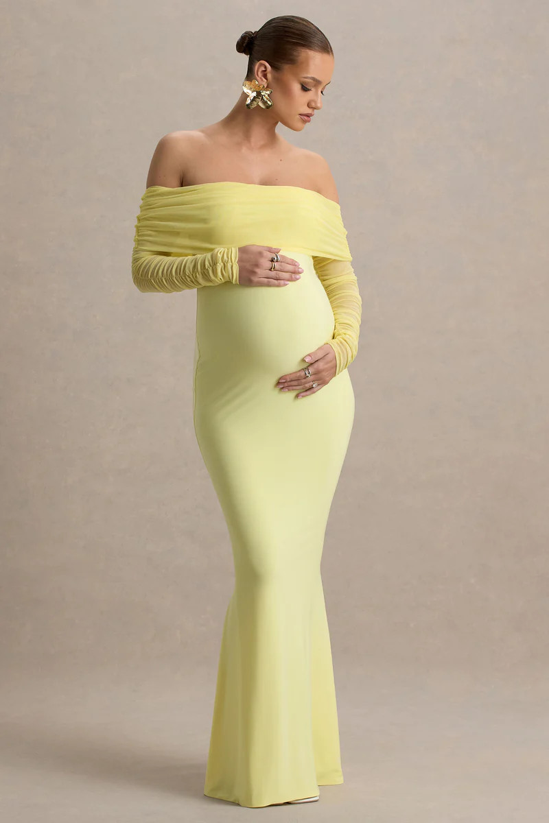 Pretty Perfect  Lemon Maternity Ruched Mesh Bardot Maxi Dres | Club L London