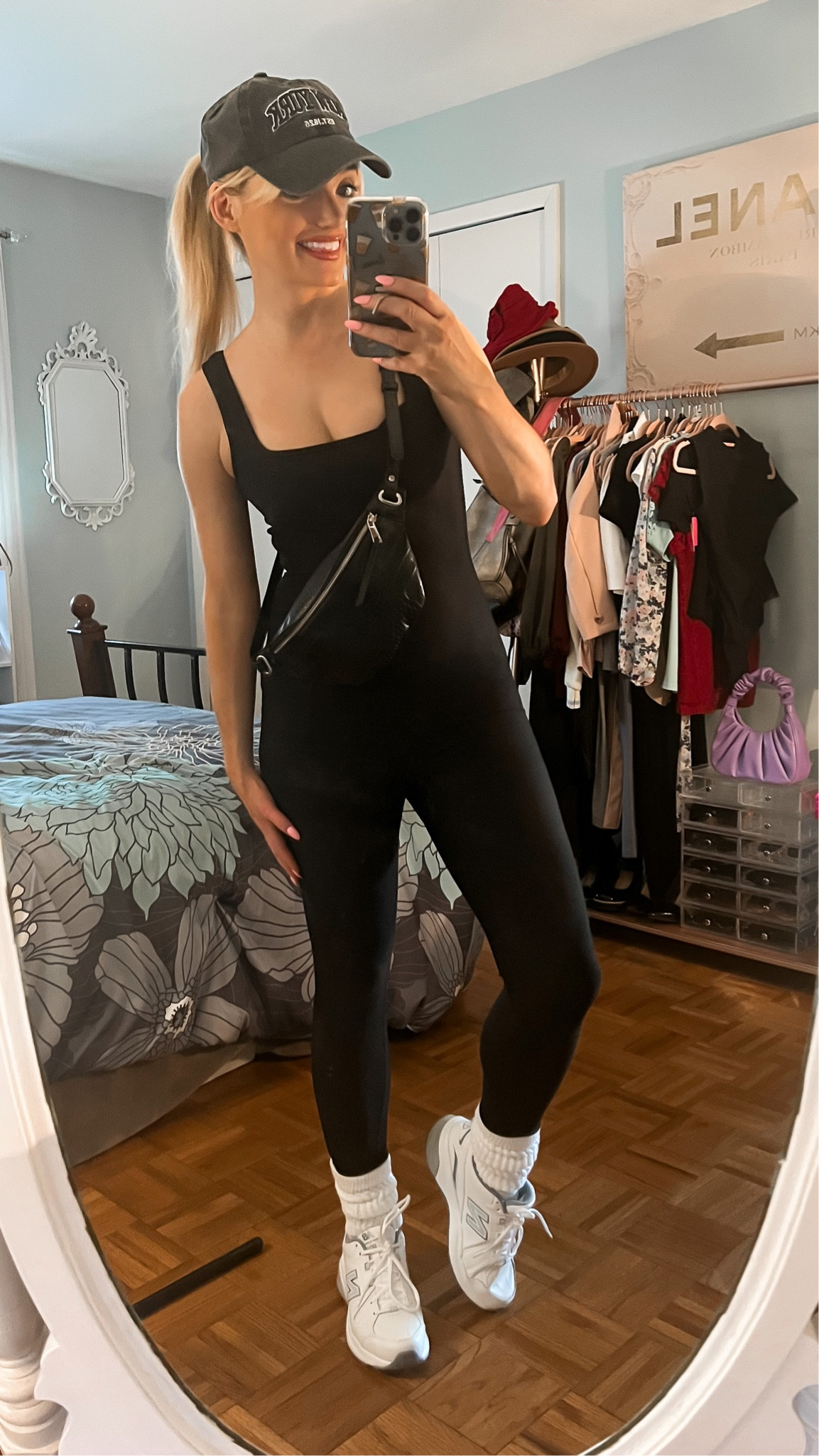 Black smoothing jumpsuit - jumper - onesie - street style - athleisure - casual outfit - belt bag - baseball cap - chunky sneakers - slouchy socks - Amazon Fashion - Amazon finds 

#LTKstyletip #LTKSeasonal #LTKfit