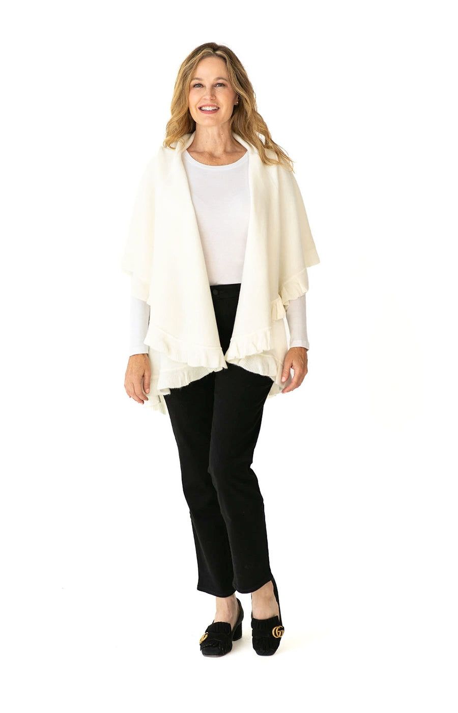 Multi Style Shawl Wrap in Cream with Ruffle Trim | Heidi Kagan Designs