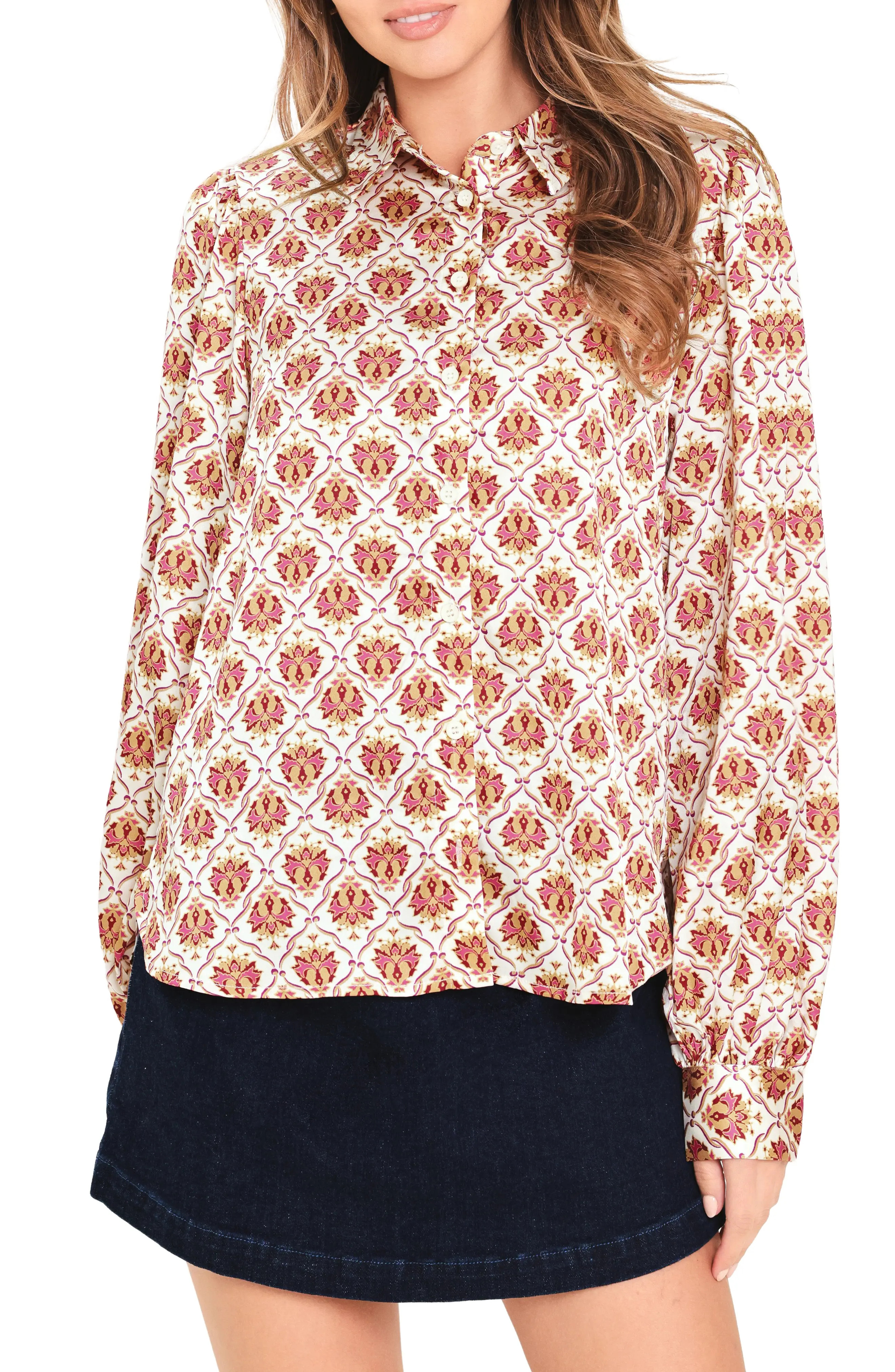 FLYING TOMATO Print Satin Shirt in Burgundy at Nordstrom Rack, Size Small | Nordstrom Rack