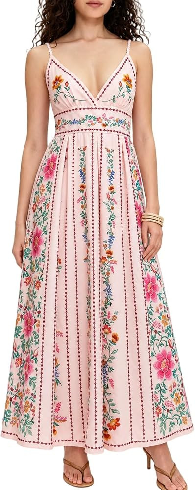 Women's Boho Print Dress Sleeveless Backless Halter High Waist A Line Vacation Beach Long Dress | Amazon (US)