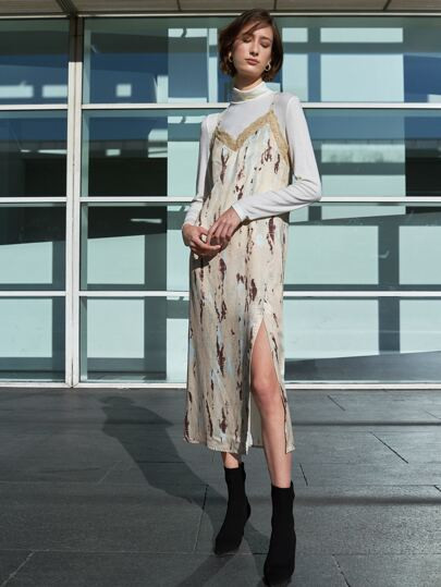 MOTF PREMIUM LACE TRIM SPLIT SLIP DRESS | SHEIN