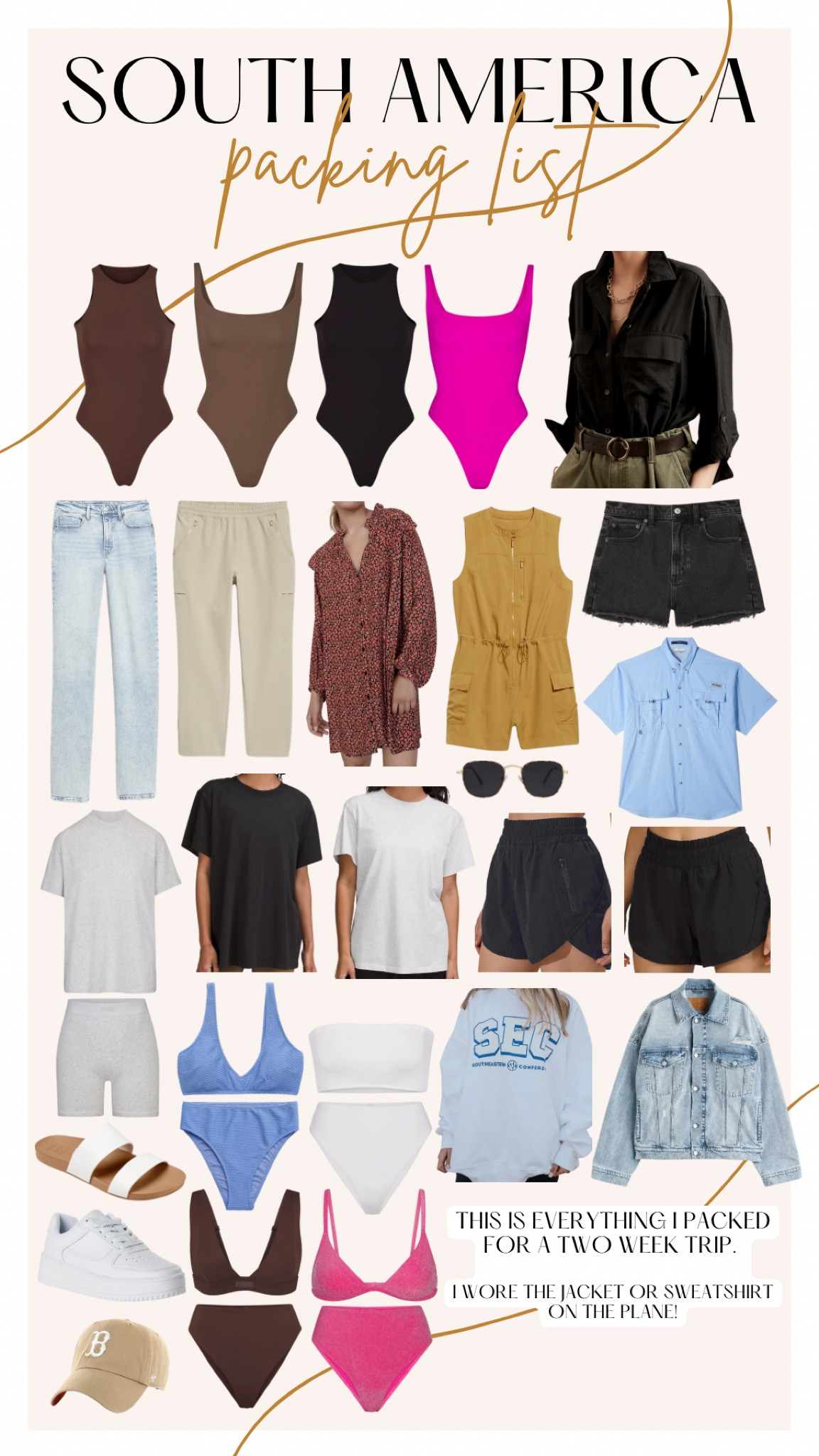 This is what I packed for two weeks in South America! I can only link 16 items at a time so the swimsuits will be linked on the next post! The floral dress is no longer sold anymore :( 
