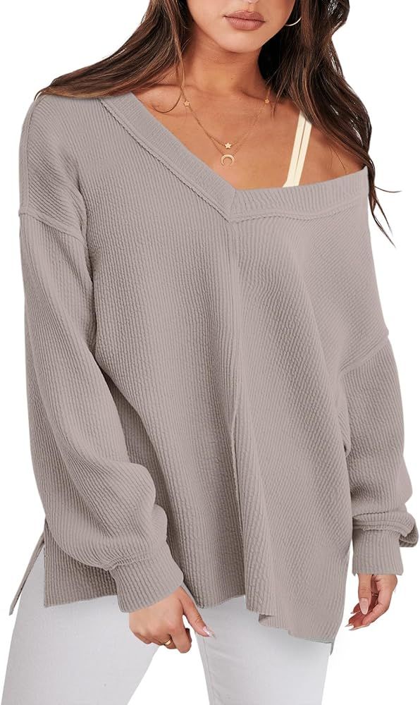 Caracilia Women Long Sleeve Shirt Off Shoulder Sweater Oversized Sweatshirt V Neck Knit Pullover ... | Amazon (US)