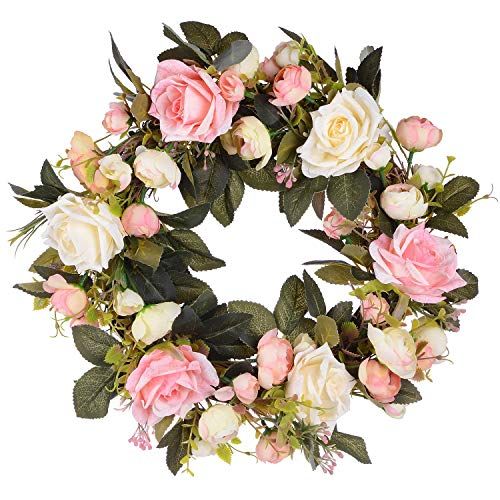Lvydec Artificial Rose Flower Wreath - Door Wreath 13 Inch Fake Rose Spring Wreath for Front Door, W | Amazon (US)
