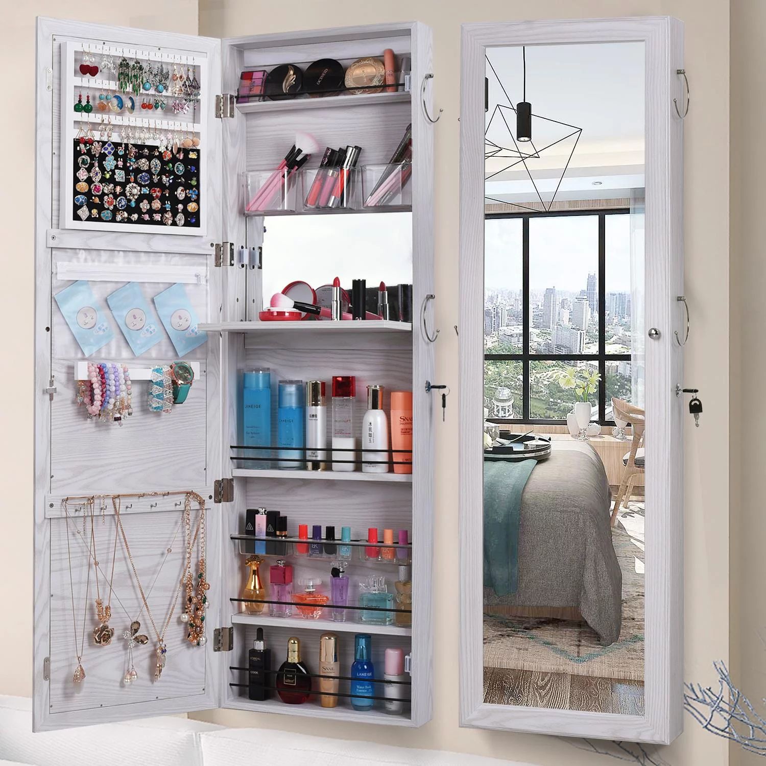 Ktaxon Mirrored Jewelry Armoire Wall Cabinet Storage Makeup Organizer Hang Mount White | Walmart (US)