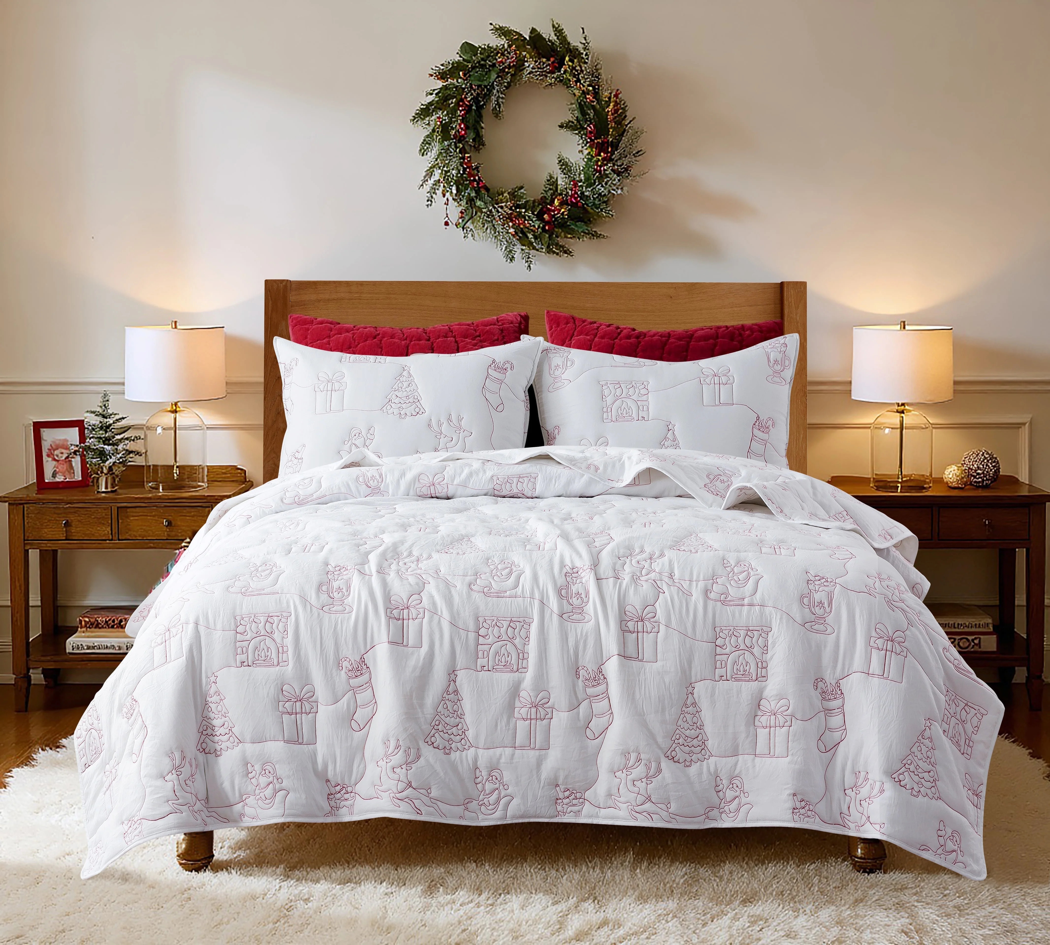 JANEEN HOME WHITE AND RED SANTA CHRISTMAS TREE HOLIDAY QUEEN QUILT 3PC BEDDING SET | Walmart (US)