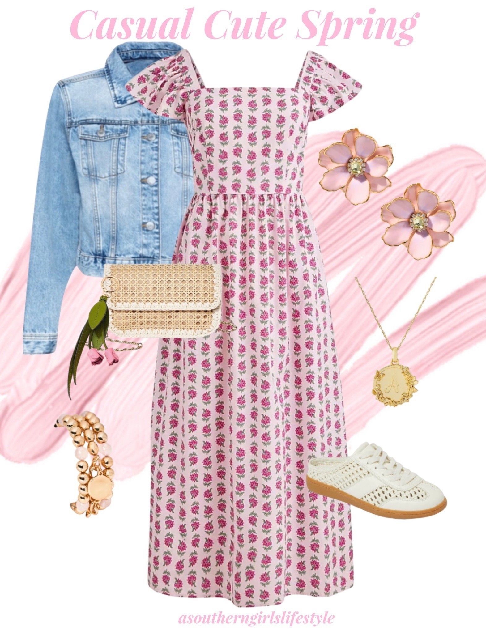 Casual Spring Day Outfit - Sneakers are on Sale plus an extra $10 off with Target circle! Jacket & Dress are also on Sale!

Denim Jacket, Ruffle Sleeve Midi Dress, Pink Flower Earrings, Floral Etched Initial Necklace,  Straw Caning Crossbody Bag, Flower Bag Charm, Pink Mixed Bead and Chain Bracelet Set & Cream Slip-on Sneakers

Women’s Spring Outfit. Resort Wear  

#LTKPetite #LTKootd #LTKSeasonal