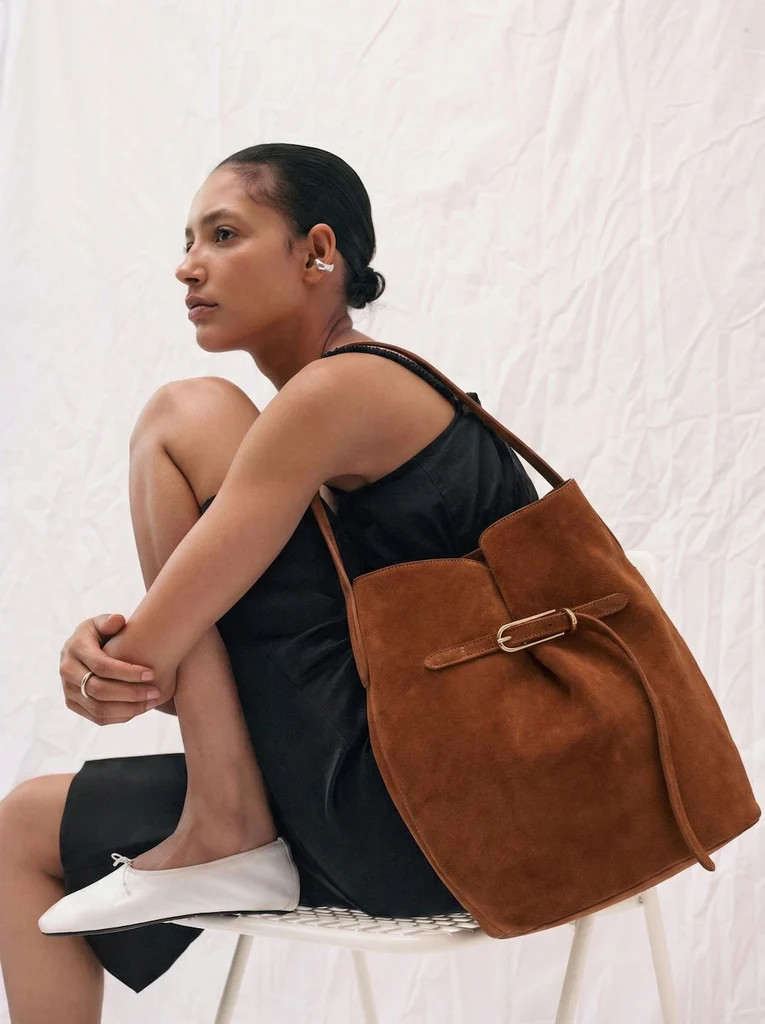 Belted Bucket Bag Large Saddle Brown Suede | LITTLE LIFFNER