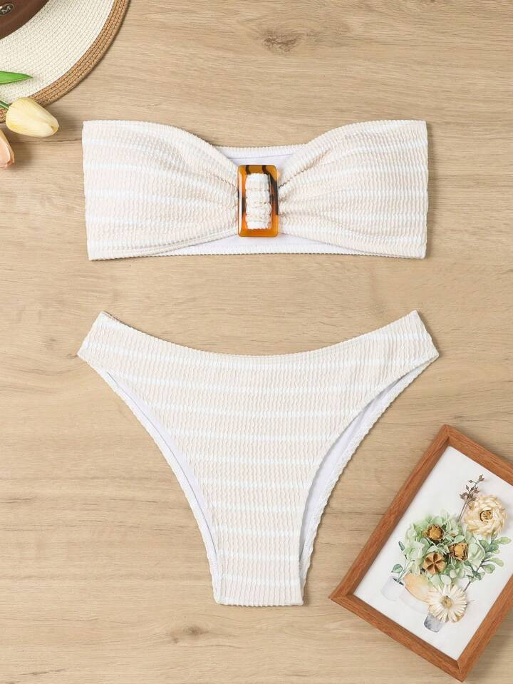Striped Buckle Ruched Bust Separate Bikini Set With Special Fabric4.82(81) | SHEIN