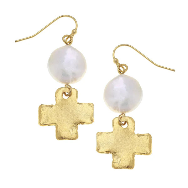 Coin Pearl + Gold Cross Drop Earrings | Susan Shaw