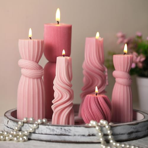 Threlaco 6 Pcs Pink Pillar Candles Decorative Modern Aesthetic Ribbed Candle Set Cute Soy Wax Scented Ribbed Decor Valentine's Commemorative Gift for Home Decoration(2.36-6.69 Inch) | Amazon (US)