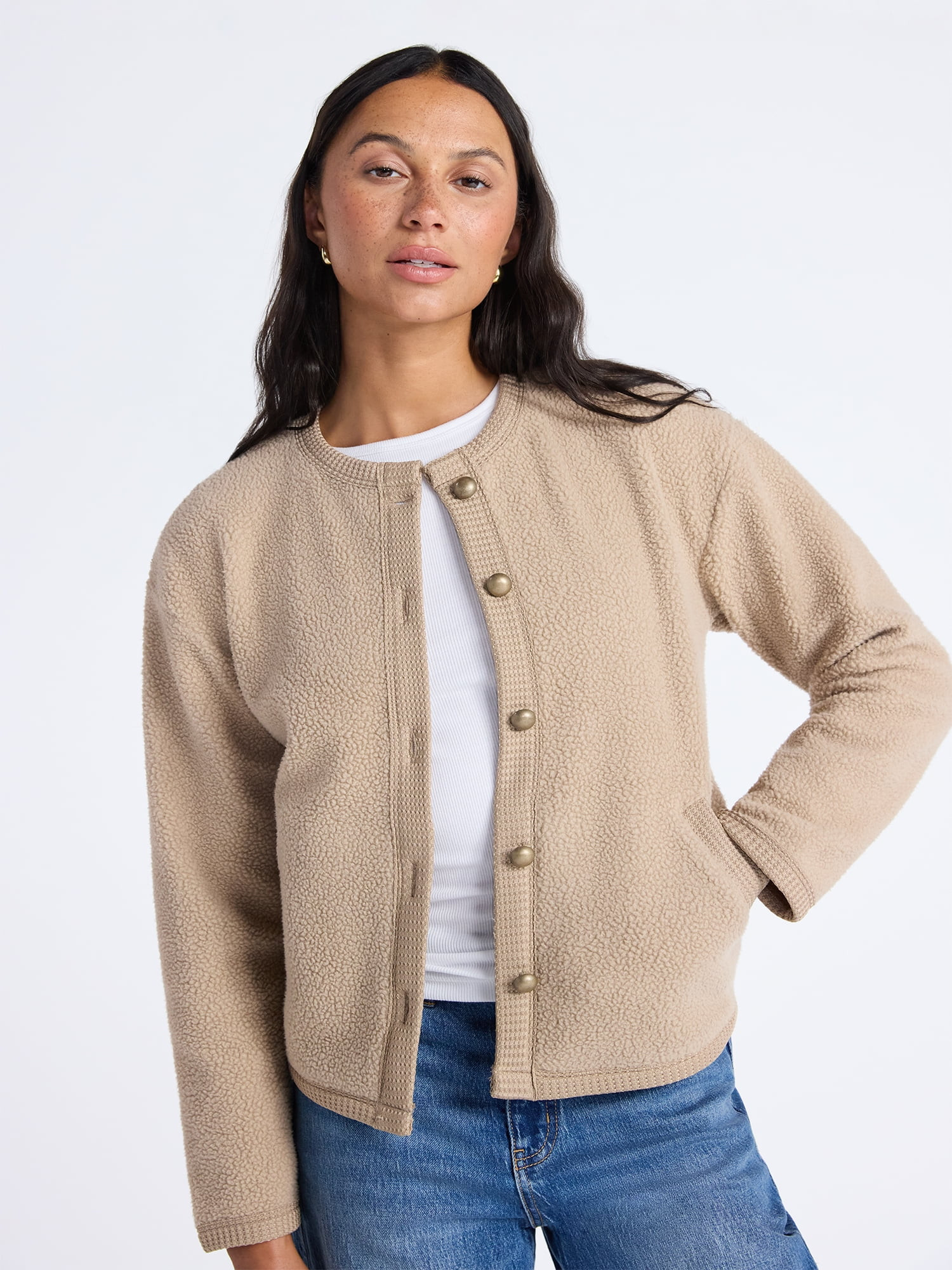 Time and Tru Women's Fleece Button Up Jacket, Lightweight, Sizes XS-XXXL | Walmart (US)