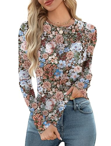 OFEEFAN Womens Mesh Tops Lace Long Sleeve Shirts Crewneck Slim Fitted Outfits See Through Blouses | Amazon (US)