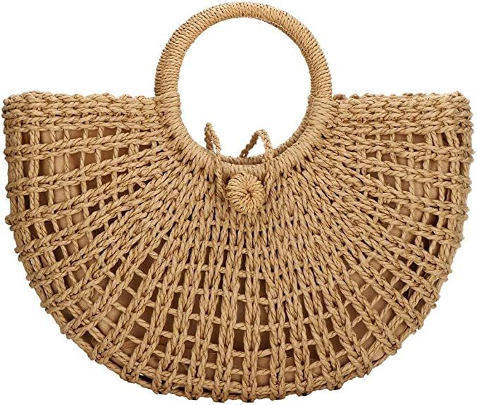 Straw Bags for Women,Hand-woven Straw Top-handle Bag with Round Ring Handle Summer Beach Rattan T... | Amazon (US)