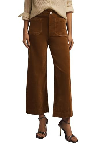 miduo Womens Fashion Button High Waisted Capris Pants Straight Leg Wide Leg Corduroy Pants with Pockets Cropped Pant Trousers Coffee 28 | Amazon (US)