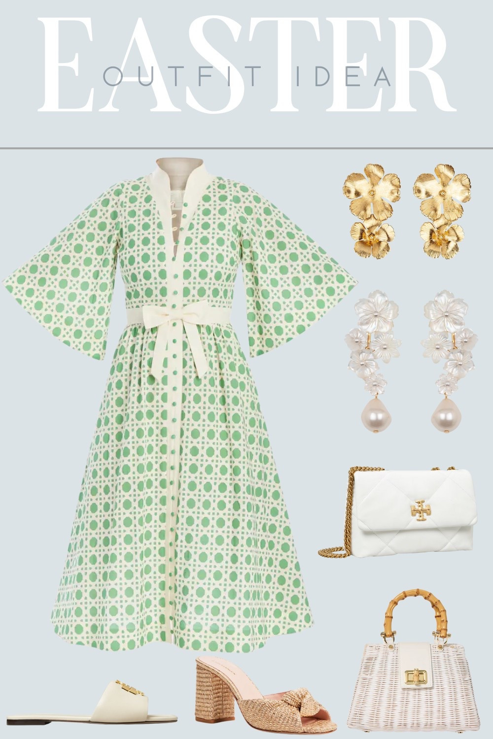 Sharing 3 different Easter outfit ideas to cater to a variety of budgets! This look features a beautiful printed green maxi dress with wide sleeves and a bow to tie at the waist. Pair it with a bag that will help bring out more of that ivory, cream color, have fun with textures like rattan, and add a pair of gold or pearl floral earrings! 

#LTKStyleTip #LTKShoeCrush #LTKWorkwear