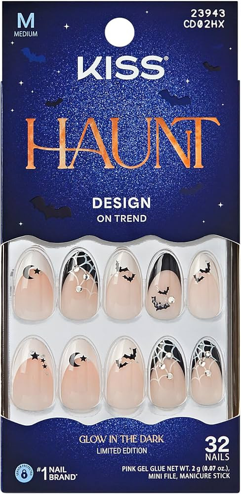 Kiss Core, Press On Nails, Nail glue included, 'HalloQueen', Black, Medium Size, Almond Shape, In... | Amazon (US)