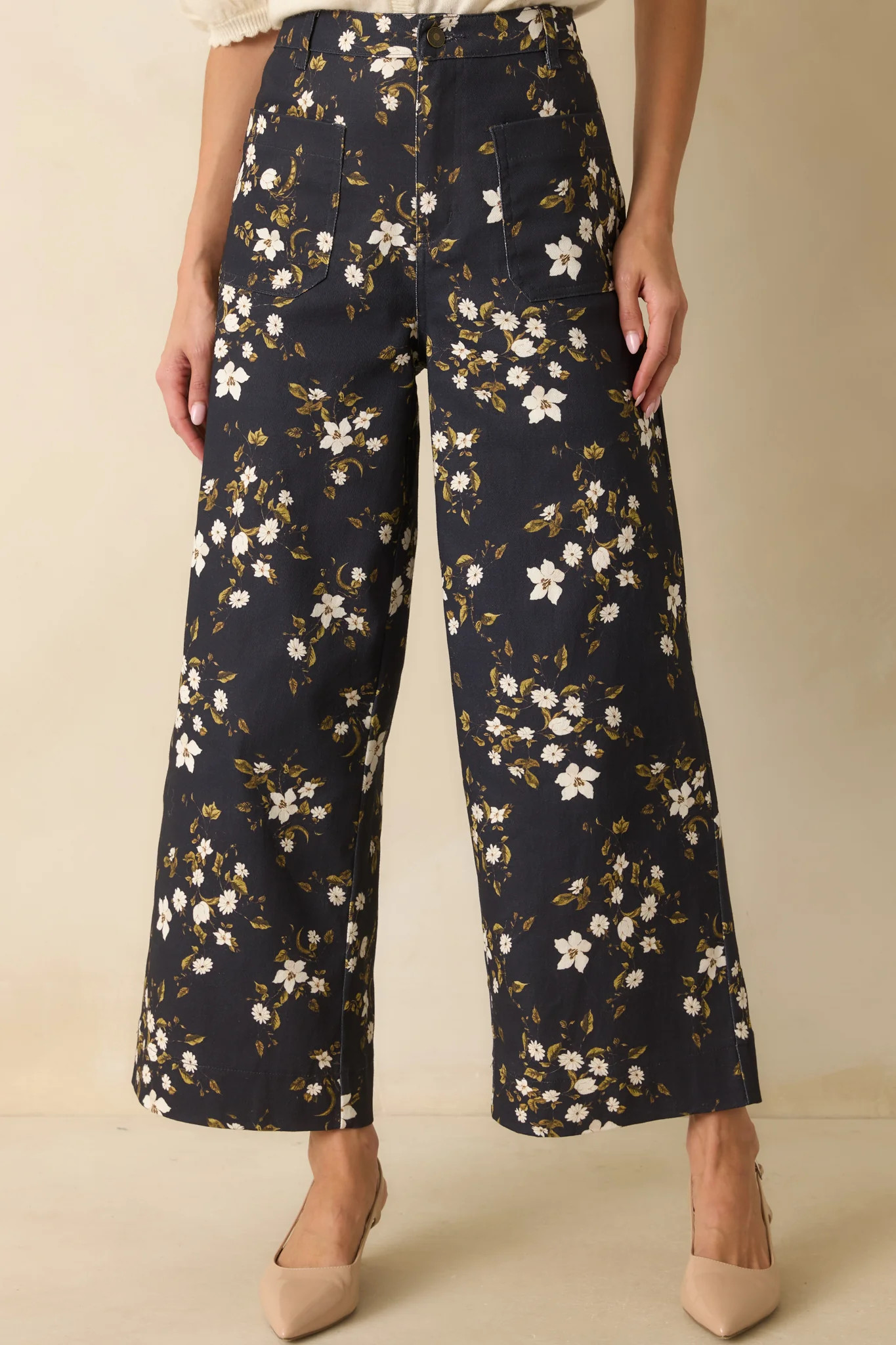 Made For These Moments Navy Floral Print Cotton Wide Leg Jeans | Red Dress
