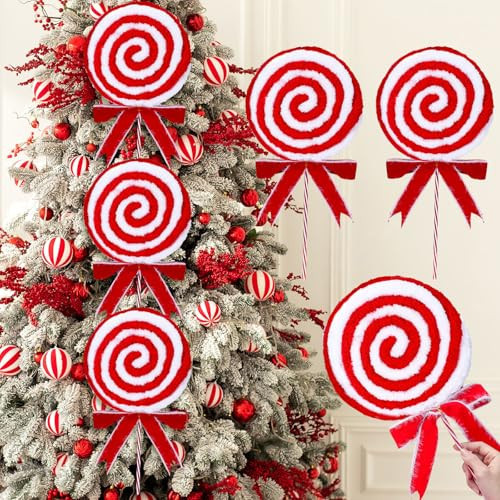 6 Pcs 16'' Christmas Candy Cane Ornaments Large Woolen Red and White Lollipop Christmas Tree Candy Cane Decoration Handcraft Peppermint Ornaments for Xmas Holiday New Year Party Supplies | Amazon (US)