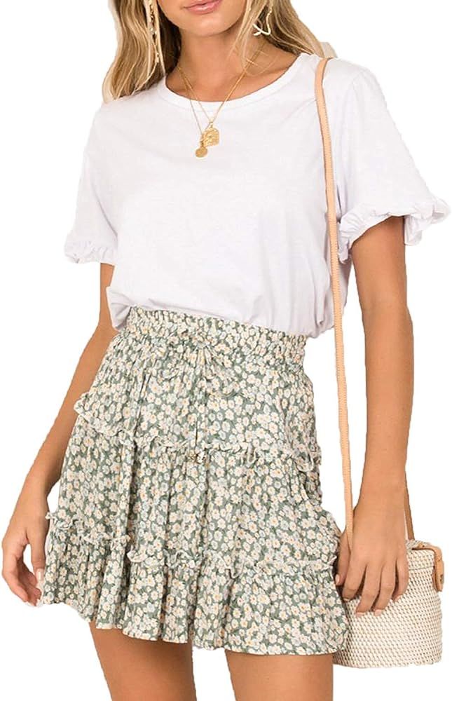 Women's Skirt Ruffles High Waist Printed Cute Casual Mini Skirt | Amazon (US)