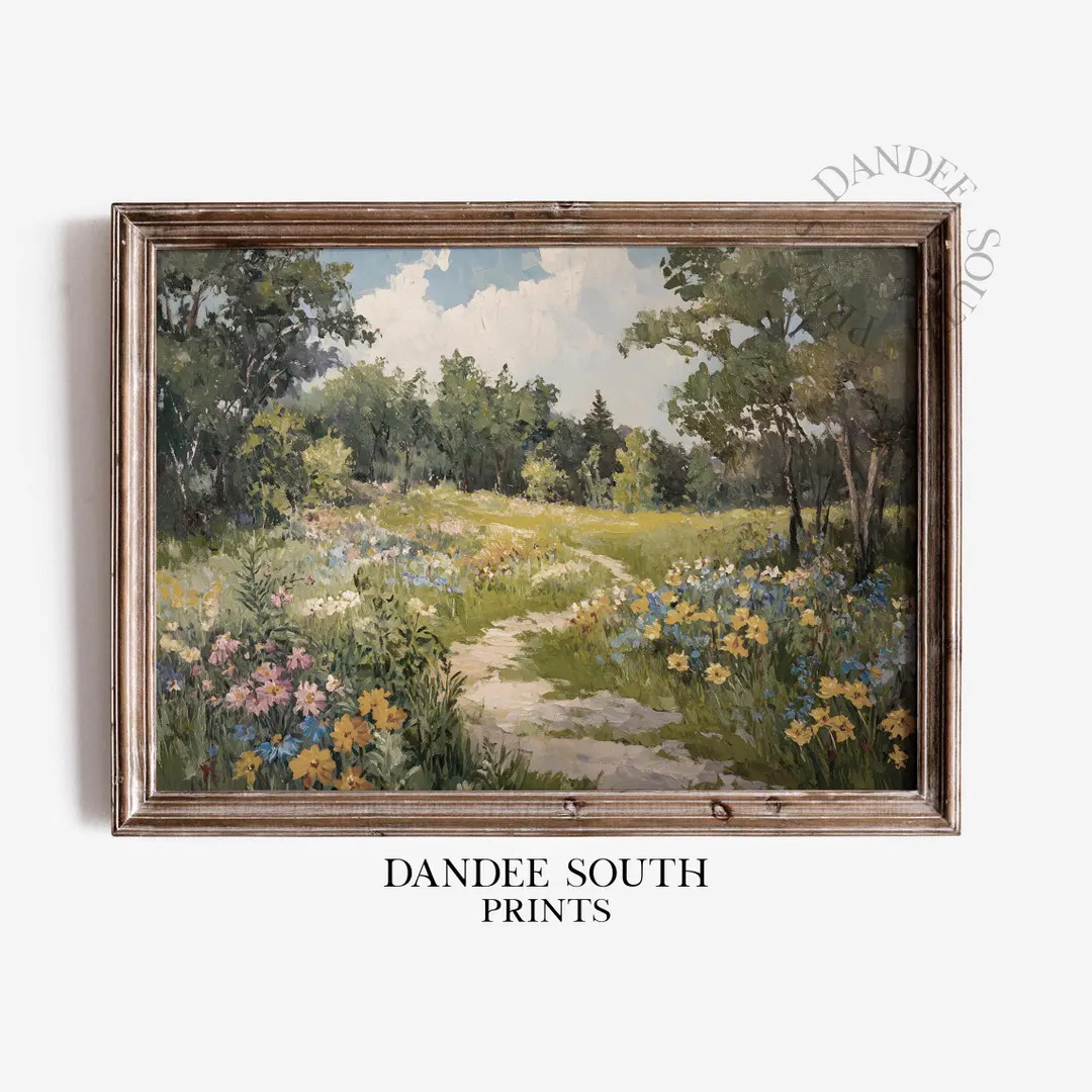 Printable Wildflower Field Landscape Painting, Farmhouse Wall Art, Vintage Cottagecore Oil Painti... | Etsy (US)
