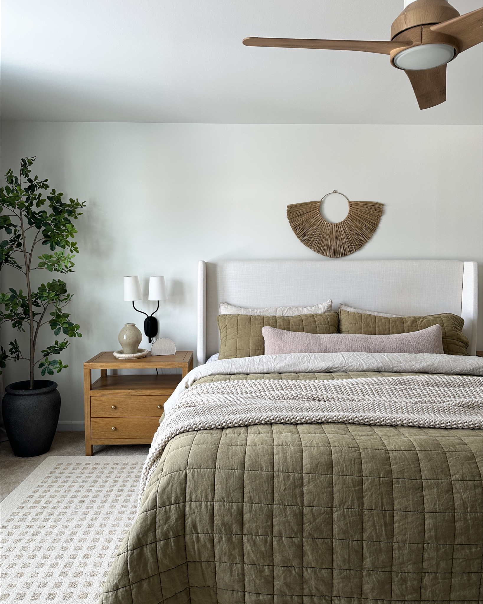 Modern organic bedroom-olive green bedding, linen upholstered bed 

#LTKHome