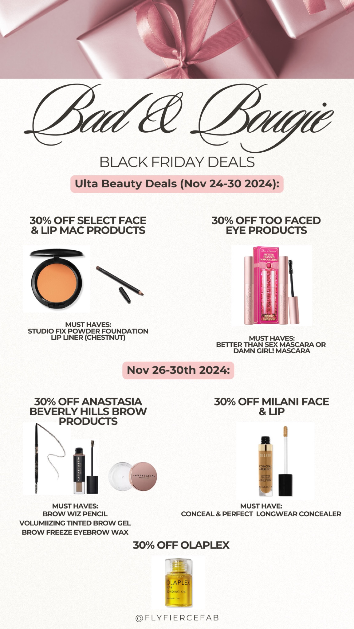 Black Friday deals are rolling out, and here are some of my favorite makeup and beauty deals dropping at Ulta 🧡🛍️✨. This is a great time to re-stock your faves, and do some gift shopping!

Here are some of my fave 30% off deals they’re dropping:

🧡 Select MAC Face & Lip Products from MAC will be 30% off! This is a great time to pick up the Studio Fix Powder Foundation (I use this to set my makeup) and re-up on your lip liners (Chestnut is my all time FAVE). 
🧡 Too Faced eye products are included, making it a great time to pick up their mascara duo (which is already a great deal).
🧡 Anastasia Beverly Hills Brow Products will be on sale too, so it’s time to restock on your brow pencils! 🙌🏾😫.
🧡 Milani Face & Lip products are included too, and their concealer is my fave drugstore concealer. It’s full coverage & long-wearing.
🧡 While I’ve never tried Olaplex, I’ve heard great things about it and I know a lot of the girlies love it. Their products will be 30% off as well!

Some of these Ulta Beauty Black Friday deals start today (Nov 23rd) online, however in store they start on the dates I listed 🗓️.

Happy Shopping! 🛍️✨

#LTKCyberWeek #LTKGiftGuide #LTKBeauty