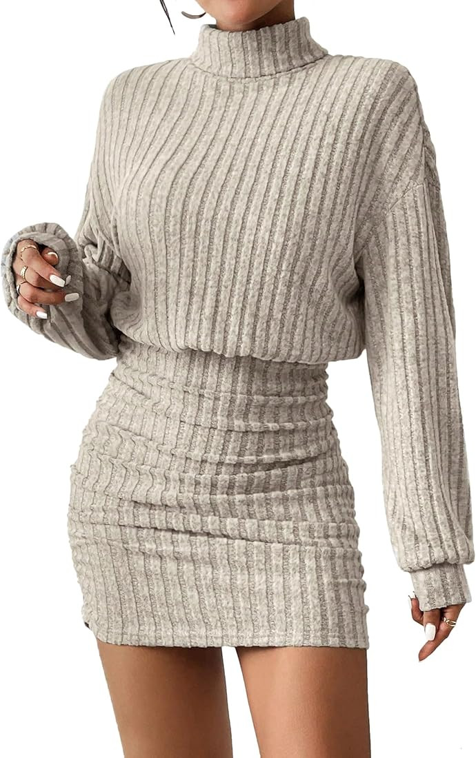 Women's Pullover Sweater Dress Long Lantern Sleeve Turtle Neck Cute Ribbed Knit Bodycon Mini Shor... | Amazon (US)