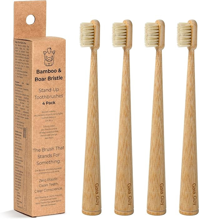 Gaia Guy Bamboo & Boar Bristle Toothbrushes \u2013 4 Pack | Natural Boar Bristles | Plastic-Free,... | Amazon (UK)