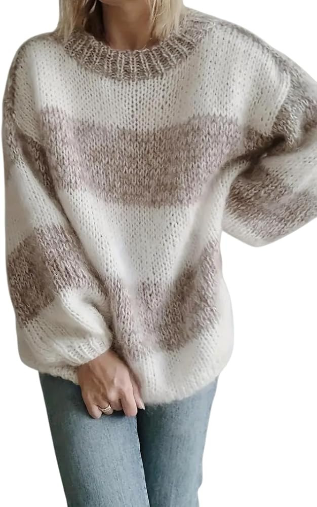Women's Oversized Chunky Knit Sweater, Mock Neck, White and Beige Striped Pattern, Balloon Sleeve... | Amazon (US)