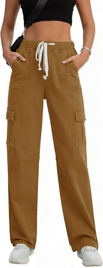Women Chino Cargo Pants High Waisted Stretchy Fall Pants Women's Drawstring Pull On Trousers | Amazon (US)