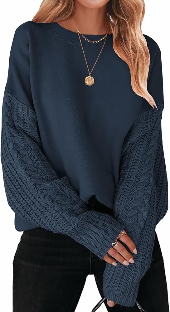 Women's 2023 Fall Long Sleeve Crew Neck Solid Color Cable Knit Chunky Casual Oversized Pullover Swea | Amazon (US)