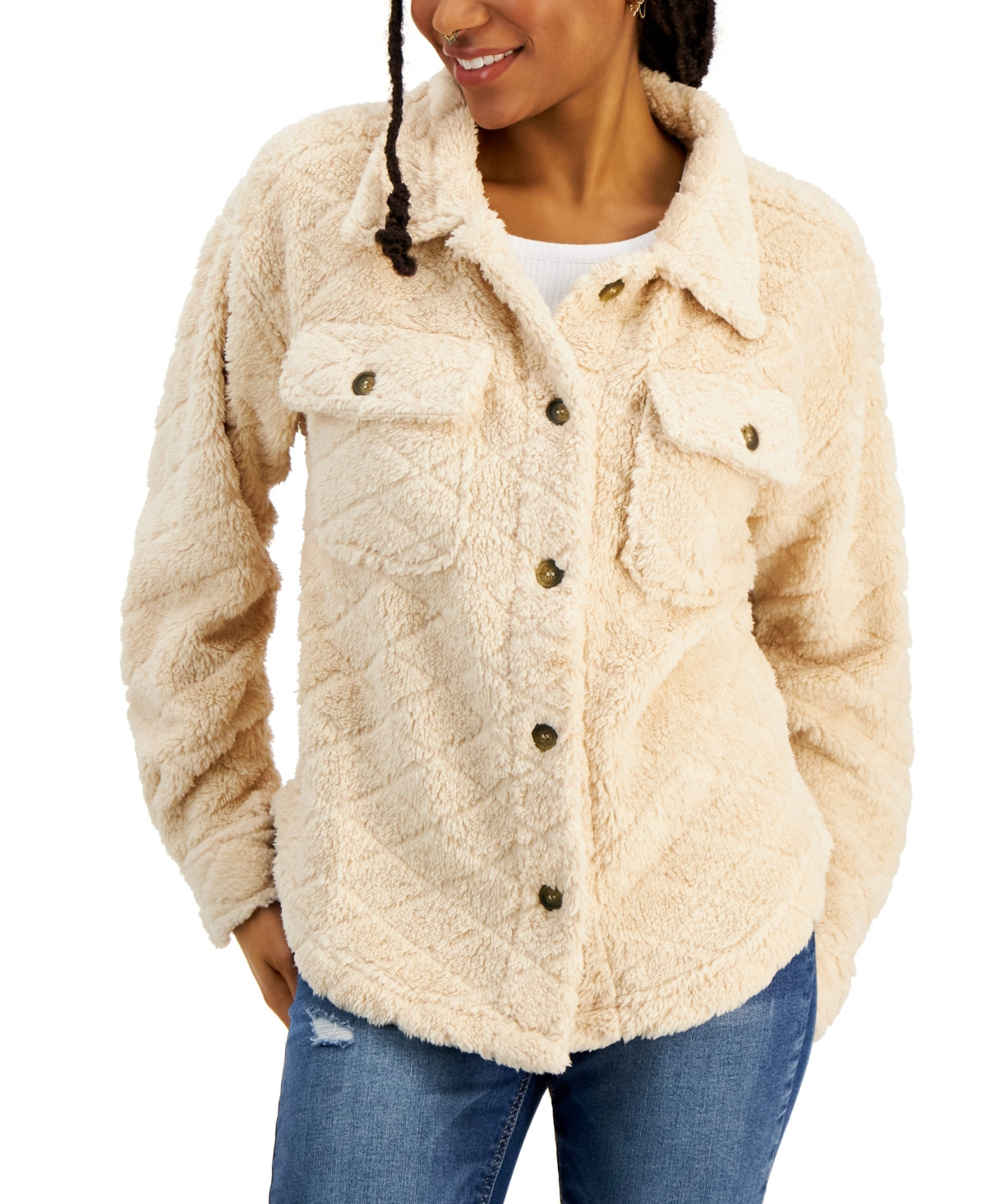 Crave Fame Juniors' Quilted Sherpa Button-Up Shacket | Macys (US)