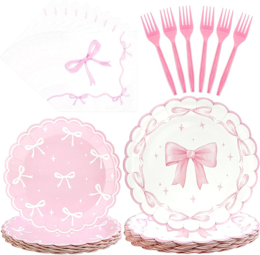 CANREVEL 96 PCS Bow Party Plates Serve 24, Bow Plates and Napkins Forks Set, Disposable Tableware... | Amazon (US)