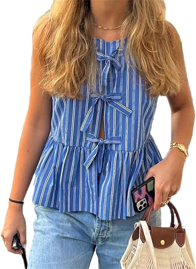 Women Y2k Peplum Tank Tops Tie Front Sleeveless Striped Ruffled Hem Babydoll Vest Shirts Summer C... | Amazon (US)