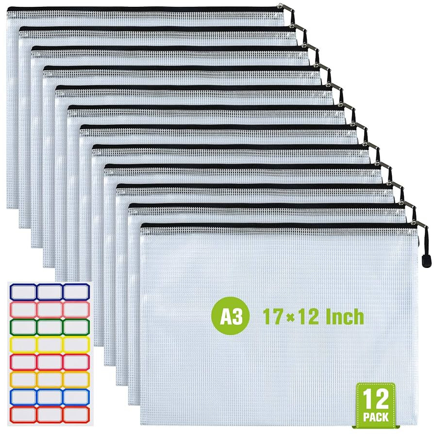 12PCS Mesh Zipper Pouch, Waterproof Tear-Resistant Document File Folders, A3 Size Zipper Document... | Amazon (US)
