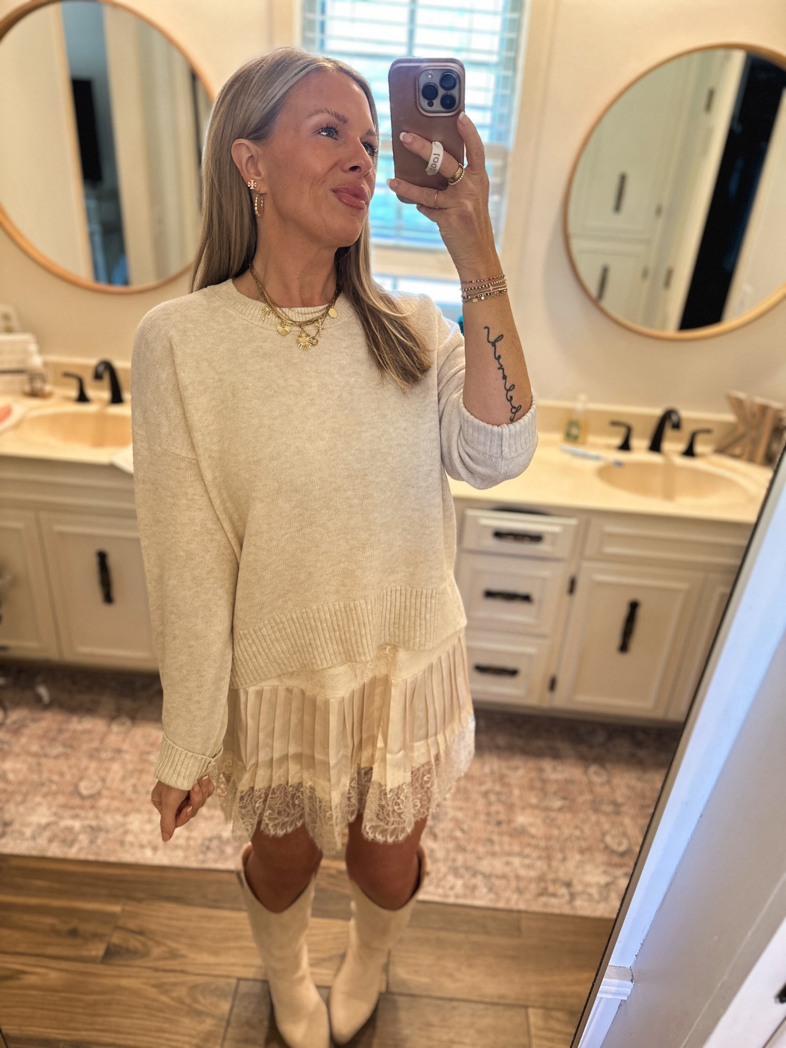Love this lace skirt and oversized sweater look! Favorite boots too! 

#LTKStyleTip #LTKOver40 #LTKBeauty