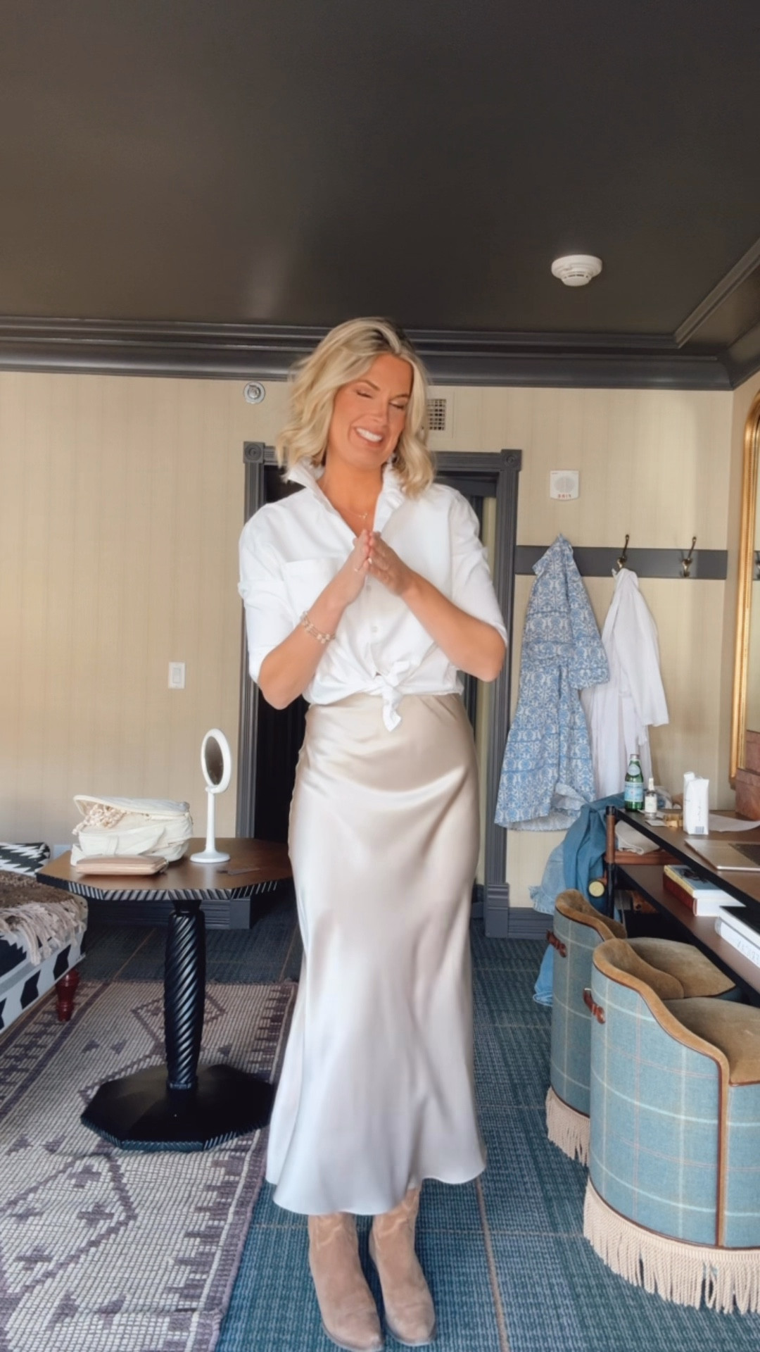 Date night outfit for Aspen! The static is real here 🤪. Wearing small in the oxford shirt and silk skirt  

#LTKOver40 #LTKootd #LTKTall