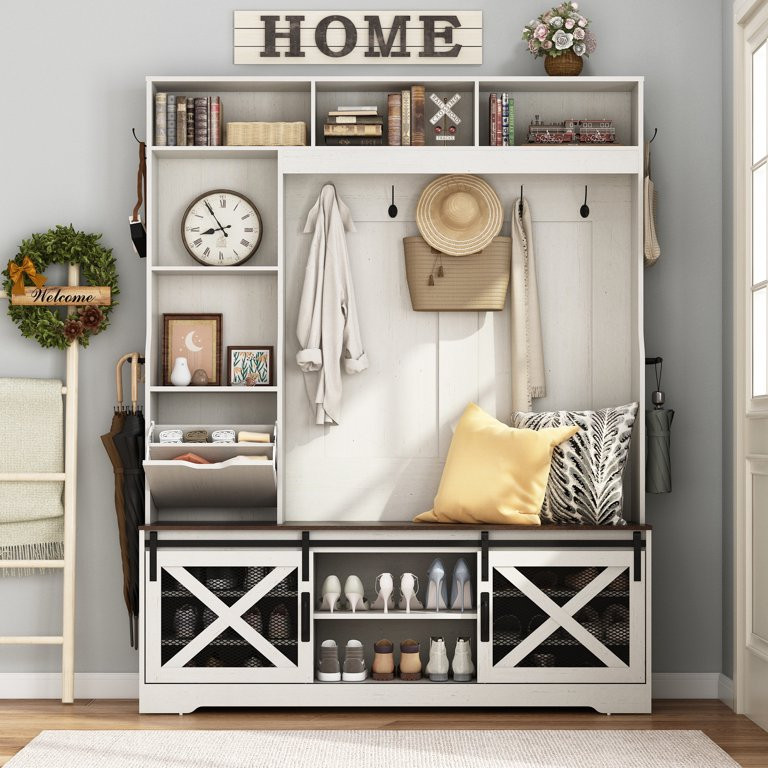 ChVans 75''H LED Farmhouse Hall Tree with Bench and Shoe Storage, White Hall Tree with Storage Be... | Walmart (US)