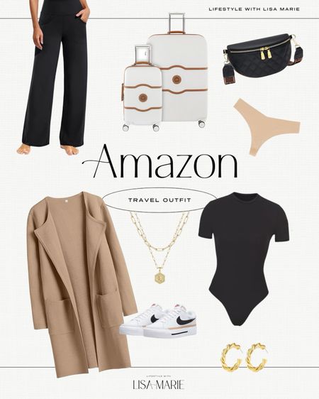 Amazon Travel outfit. Business casual. Work outfit. Elevated casual. Casual little. Amazon coatigan in XS, khaki. Seamless bodysuit in XS. Wide leg pants in XS petite. Nike court legacy lift sneakers (size down half a size because they run a little big). Delsey luggage. 

#LTKtravel #LTKworkwear #LTKshoecrush