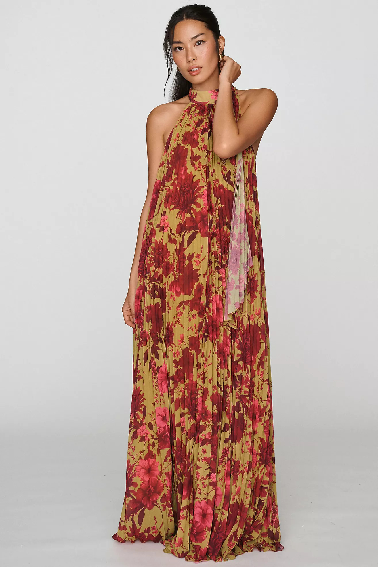 BHLDN Rosie Mock-Neck Pleated Chiffon Maxi Dress | Anthropologie (US)
