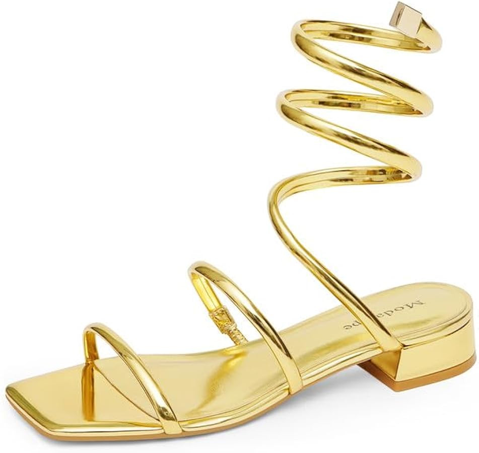 Modatope Two Strap Square Open Toe Strappy Sandals Low Block Heels Spiral Ankle Warp Strap Gladia... | Amazon (US)