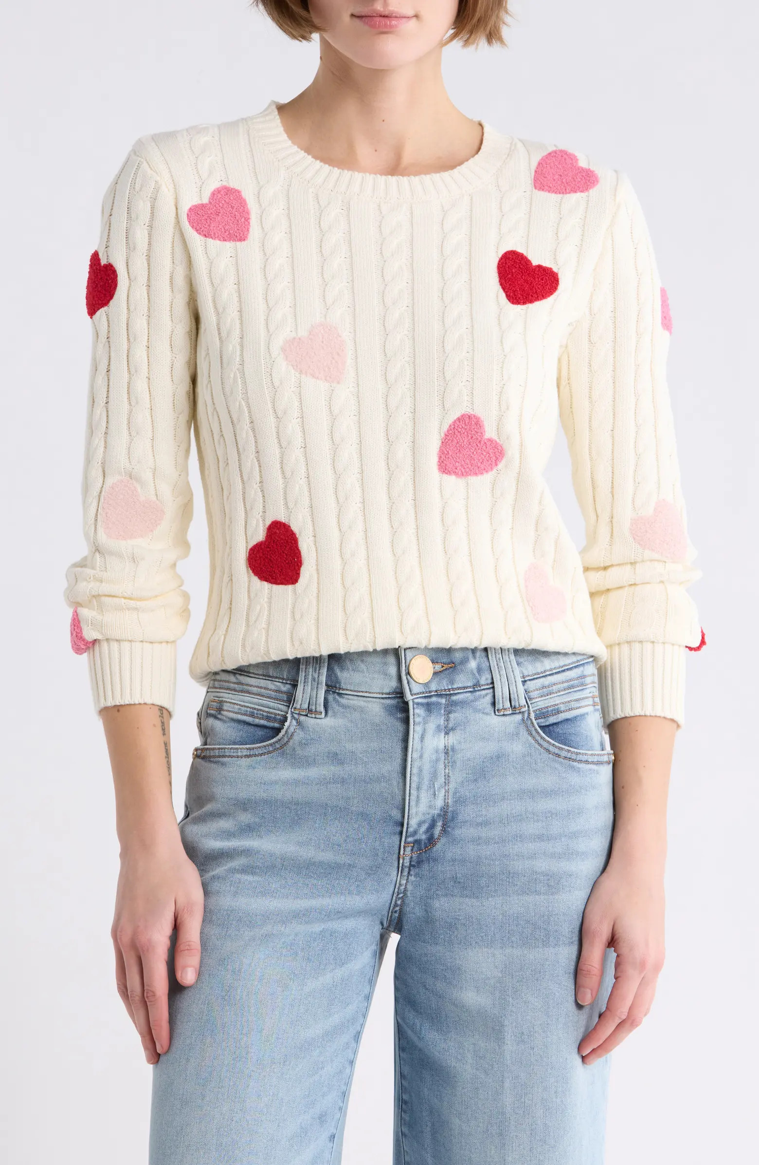 T Tahari Fuzzy Heart Cotton Cable Sweater | Nordstromrack | Nordstrom Rack